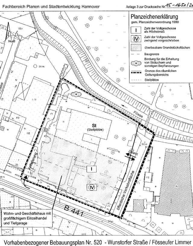 Grafik: Vorhabenbezogener B-Plan Nr. 520 der Verwaltung Hannover